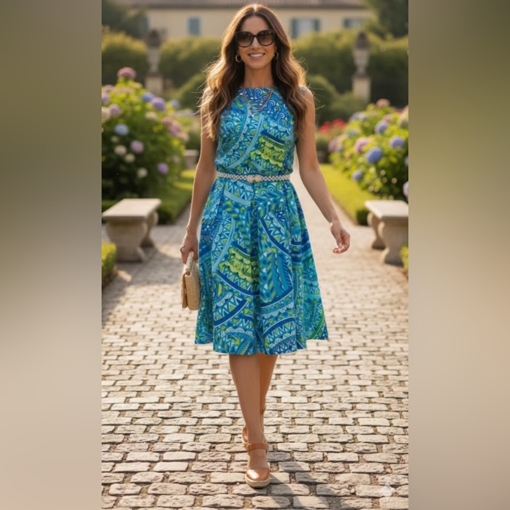 Sandra Darren Blue and Green Pleated Sundress